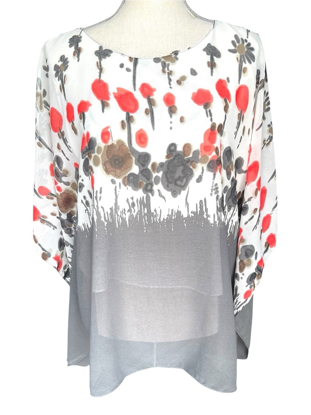 White/Grey/Floral Chiffon Overlay Dolman Batwing Top (M)